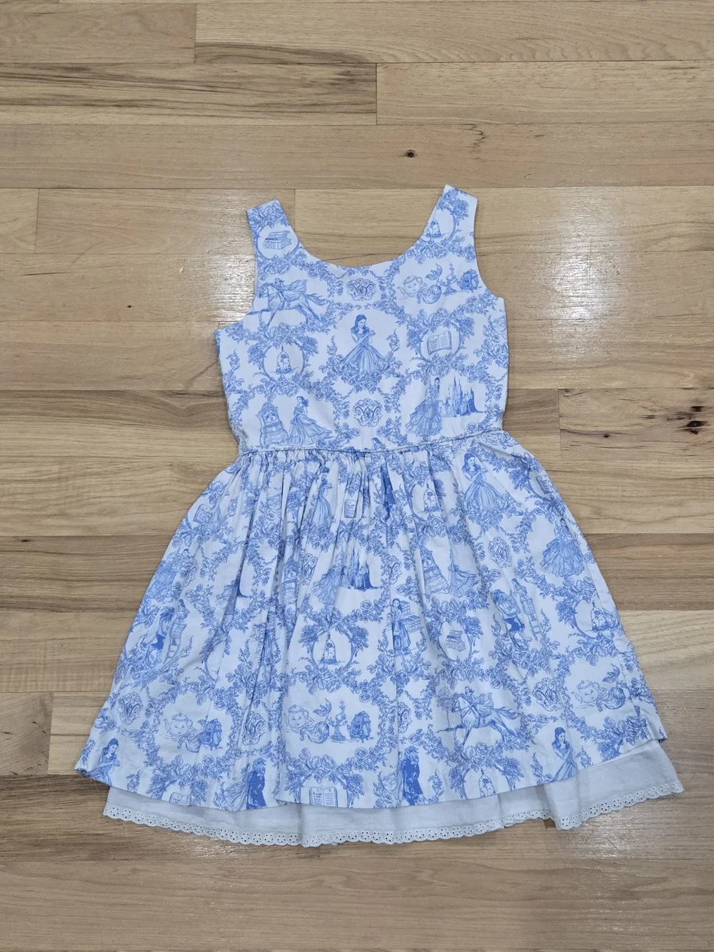 Disney Girls Blue & White Toile Print Beauty And The Beadt Sleeveless Dress